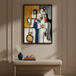Contemporary abstract hand-painted canvas in bold black lines with cream, navy, gold and orange geometric forms, modern entryway
