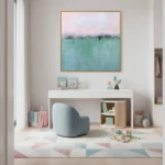 Minimalist landscape hand-painted canvas depicting misty horizons in soft pastels and turquoise tones, modern nursery