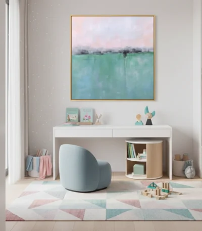 Minimalist landscape hand-painted canvas depicting misty horizons in soft pastels and turquoise tones, modern nursery