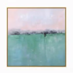 Minimalist landscape hand-painted canvas with misty treeline, soft pink sky, and serene turquoise water tones