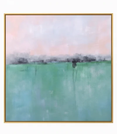 Minimalist landscape hand-painted canvas with misty treeline, soft pink sky, and serene turquoise water tones
