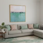 Minimalist landscape hand-painted canvas in soft greens and blush tones with misty horizon, contemporary living space