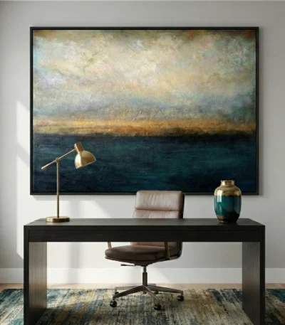 Layered abstract landscape hand-painted canvas in deep teal and golden ochre tones, contemporary workspace