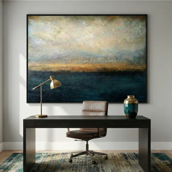 Layered abstract landscape hand-painted canvas in deep teal and golden ochre tones, contemporary workspace