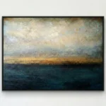 Layered abstract landscape hand-painted canvas in muted ocean blues, warm sandy tones, and cream, contemporary living space