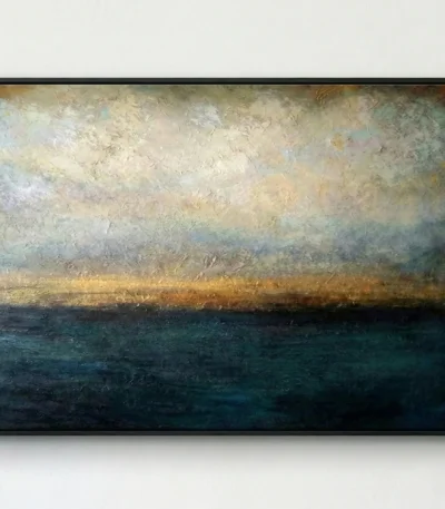 Layered abstract landscape hand-painted canvas in muted ocean blues, warm sandy tones, and cream, contemporary living space