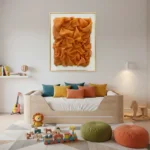 Textured abstract hand-painted canvas in warm burnt orange crumpled brushwork, children's bedroom setting