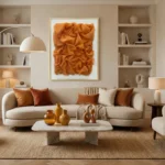 Textured abstract hand-painted canvas in rich burnt orange and cream, contemporary living space