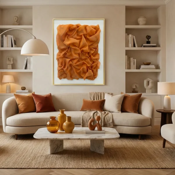 Textured abstract hand-painted canvas in rich burnt orange and cream, contemporary living space