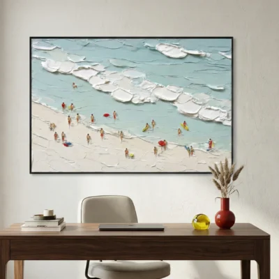 Textured contemporary hand-painted canvas depicting beachgoers and surfboards in turquoise waves and cream sand tones, modern office setting