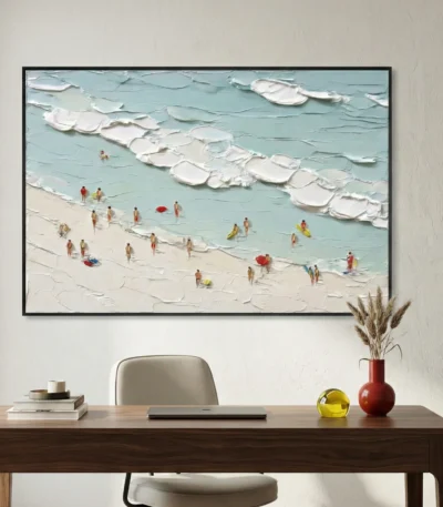Textured contemporary hand-painted canvas depicting beachgoers and surfboards in turquoise waves and cream sand tones, modern office setting