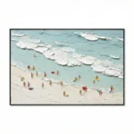 Textured contemporary wall art depicting beachgoers and surfboards in cream and turquoise impasto, hand-painted canvas