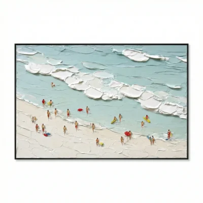 Textured contemporary wall art depicting beachgoers and surfboards in cream and turquoise impasto, hand-painted canvas