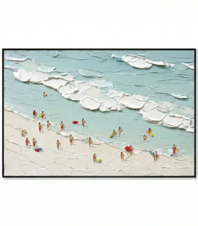 Textured contemporary wall art depicting beachgoers and surfboards in cream and turquoise impasto, hand-painted canvas