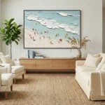 Contemporary figurative painting depicting beachgoers in turquoise waters with white-capped waves, soft cream and aqua palette, modern living space