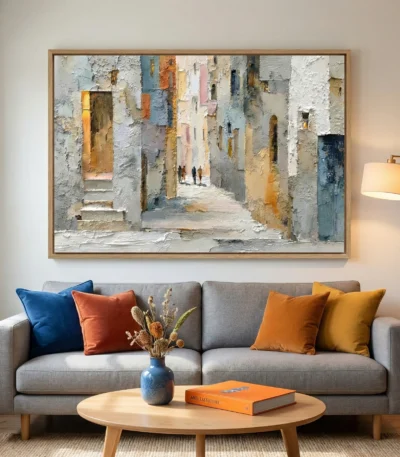 Textured impressionist painting depicting a Mediterranean alleyway with weathered white and ochre buildings, hand-painted canvas in warm neutral tones, contemporary living space