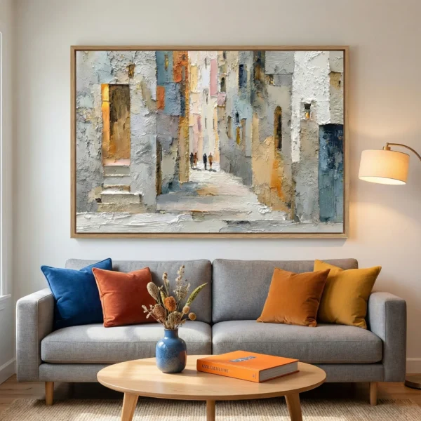 Textured impressionist painting depicting a Mediterranean alleyway with weathered white and ochre buildings, hand-painted canvas in warm neutral tones, contemporary living space