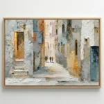 Textured impressionist hand-painted canvas depicting a narrow Mediterranean alleyway with weathered white and ochre walls, warm golden light, white gallery wall
