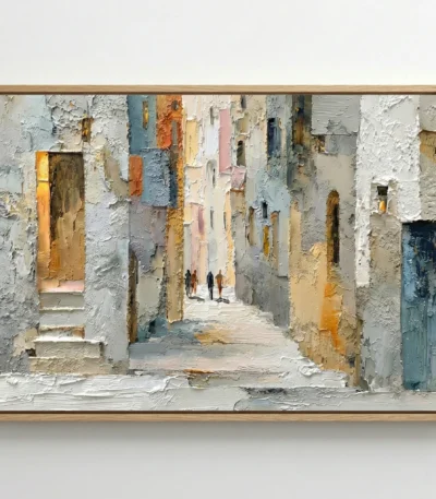 Textured impressionist hand-painted canvas depicting a narrow Mediterranean alleyway with weathered white and ochre walls, warm golden light, white gallery wall