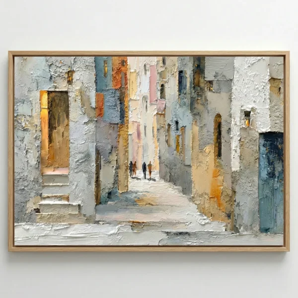 Textured impressionist hand-painted canvas depicting a narrow Mediterranean alleyway with weathered white and ochre walls, warm golden light, white gallery wall