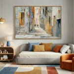 Impressionist hand-painted canvas depicting a sunlit Mediterranean alleyway with weathered ochre and blue buildings, textured brushwork in warm and cool tones, contemporary living space