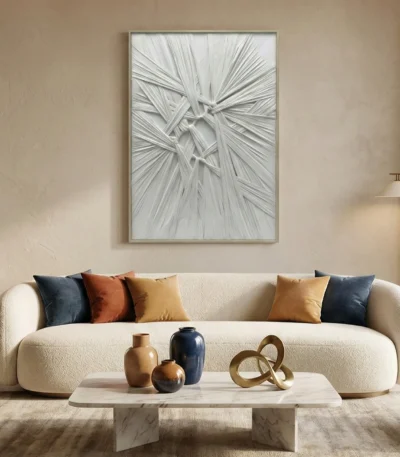 Textured abstract hand-painted canvas with radiating linear patterns in soft monochrome tones, contemporary living space