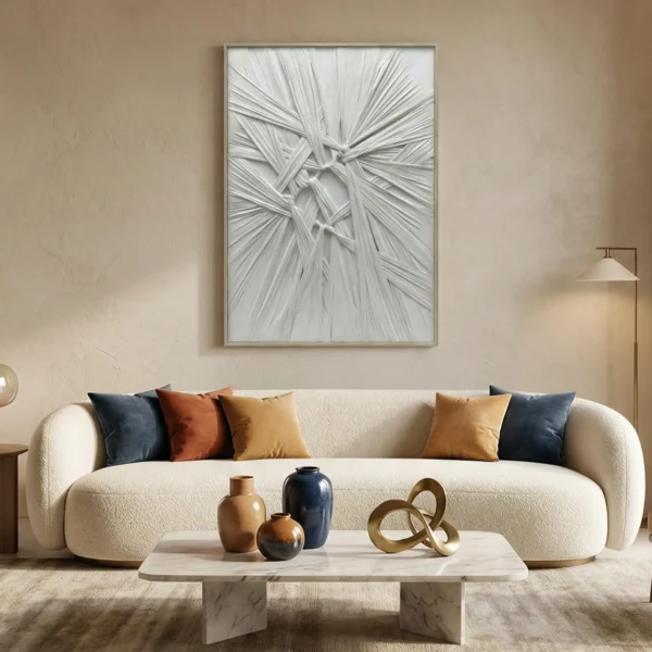 Textured abstract hand-painted canvas with radiating linear patterns in soft monochrome tones, contemporary living space