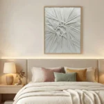 Textured abstract hand-painted canvas with layered white and grey radiating brushstrokes, contemporary bedroom