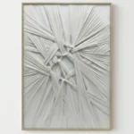 Textured abstract hand-painted canvas with interwoven white fibrous strokes radiating from central knot, monochromatic palette