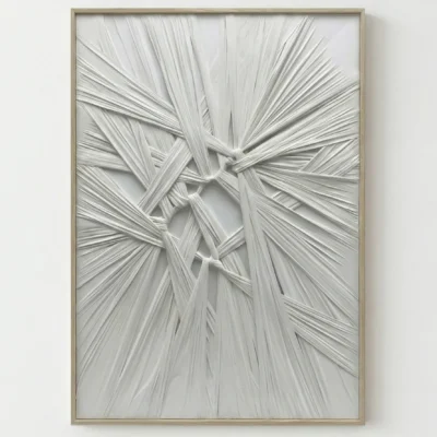 Textured abstract hand-painted canvas with interwoven white fibrous strokes radiating from central knot, monochromatic palette