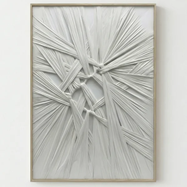 Textured abstract hand-painted canvas with interwoven white fibrous strokes radiating from central knot, monochromatic palette