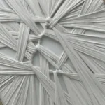 Textured abstract hand-painted canvas with interwoven white ribbons and layered brushstrokes in monochrome tones