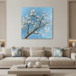Textured contemporary hand-painted canvas of delicate white blossoms on gnarled branch against bright blue sky, modern living space