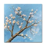 Textured contemporary hand-painted canvas of blossoming branches with cream flowers against vibrant blue, impasto technique
