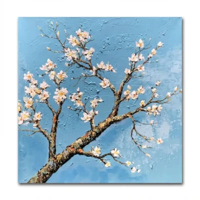 Textured contemporary hand-painted canvas of blossoming branches with cream flowers against vibrant blue, impasto technique