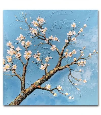 Textured contemporary hand-painted canvas of blossoming branches with cream flowers against vibrant blue, impasto technique