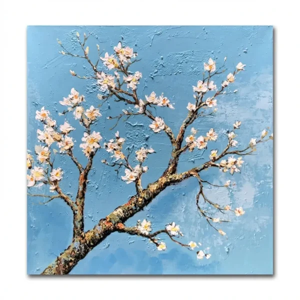 Textured contemporary hand-painted canvas of blossoming branches with cream flowers against vibrant blue, impasto technique