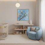 Impressionist hand-painted canvas depicting delicate white blossoms on branching tree against soft blue sky, nursery setting