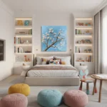 Contemporary landscape hand-painted canvas depicting cherry blossoms against bright blue sky, soft neutral palette, modern bedroom setting