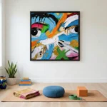 Gestural abstract expressionist hand-painted canvas with vibrant multicolored brushstrokes and expressive eye motifs, contemporary yoga studio