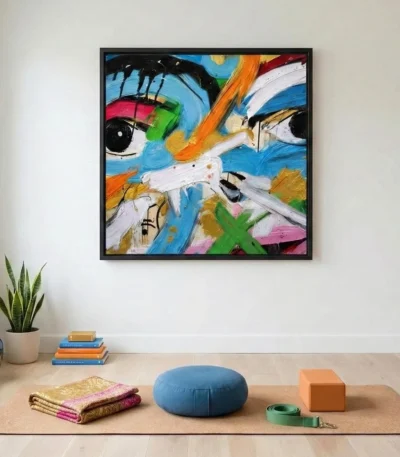 Gestural abstract expressionist hand-painted canvas with vibrant multicolored brushstrokes and expressive eye motifs, contemporary yoga studio