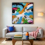 Gestural abstract expressionist hand-painted canvas featuring bold multicolored brushstrokes, expressive eyes, and layered forms in vibrant blues, oranges, greens, and pinks, contemporary living space