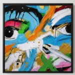 Gestural abstract expressionist hand-painted canvas with bold colorful brushstrokes, vibrant blues oranges whites and golds throughout