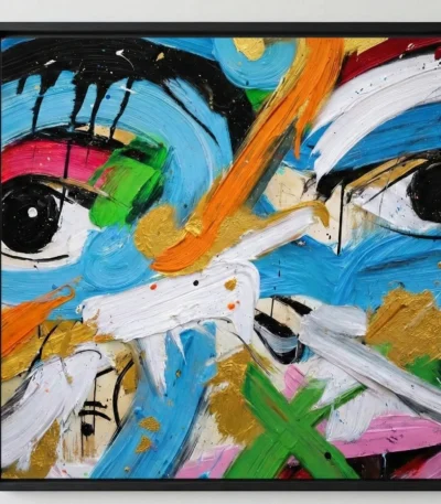 Gestural abstract expressionist hand-painted canvas with bold colorful brushstrokes, vibrant blues oranges whites and golds throughout