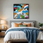 Gestural abstract expressionist hand-painted canvas with vibrant multicolored brushstrokes and bold gestural marks, modern bedroom setting