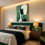 Contemporary abstract hand-painted canvas in deep greens and cream with bold gestural forms, modern bedroom setting