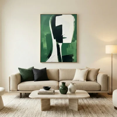 Contemporary abstract hand-painted canvas featuring geometric facial profile in green, black and cream tones, modern living space