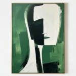 Minimalist abstract hand-painted canvas with geometric forms in forest green, cream, and charcoal tones