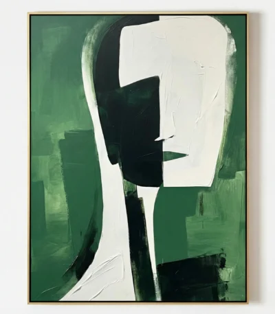 Minimalist abstract hand-painted canvas with geometric forms in forest green, cream, and charcoal tones