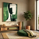 Minimalist abstract hand-painted canvas with geometric green and cream tones, contemporary interior